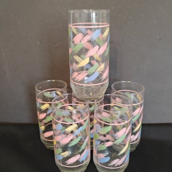 Libbey Vintage Pastel Brush Stroke Pattern Tumblers/ HiBall, set of 6 - Picture 3 of 5